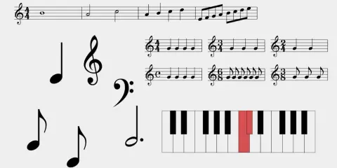 Diverses notes de musique, portées et un clavier de piano avec une touche rouge.