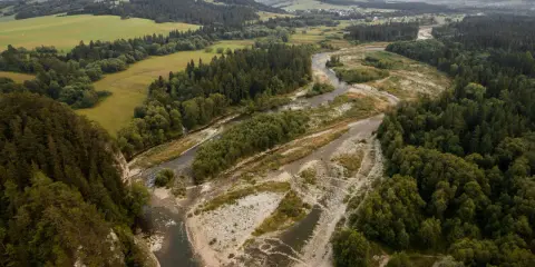 Malowniczy przełom Dunajca pod Krempachami, wijąca się rzeka, skaliste zbocza i zielone lasy tworzą zapierający dech w piersiach krajobraz.