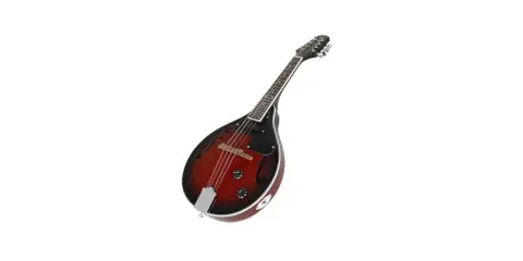 Une mandoline instrument de musique, avec son corps en bois rouge et noir, prête à jouer une mélodie entraînante.