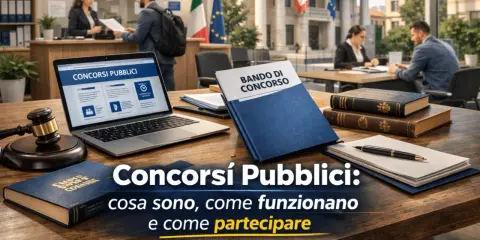 Bando di concorso nel diritto italiano su un tavolo con laptop, martelletto da giudice e libri.