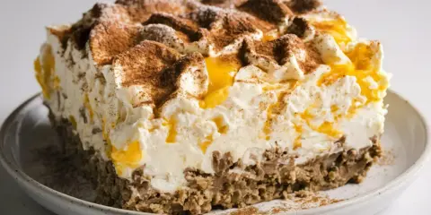Pyszne ciasto bez pieczenia z kremem i owocami, posypane kakao. Idealne na deser.