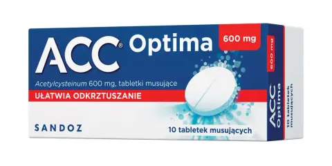 Opakowanie ACC Optima 600 mg, 10 tabletek musujących. Szukasz axtil zamienniki? To może być pomocne.