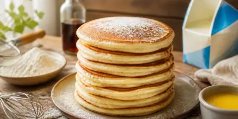 Pile de pancakes moelleux, saupoudrés de sucre glace. La recette parfaite pour un petit-déjeuner gourmand.