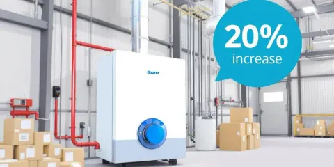 Chaudière gaz Boarer dans un entrepôt. Un message indique "20% increase". Entretien chaudière gaz.