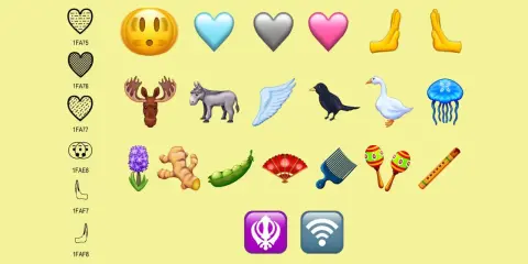 Nya emojis visar hjärtan, en älg, en åsna, en fågel, en gås, en manet, en hyacint, ingefära, ärtor, en solfjäder, en kam, maracas, en flöjt, händer som ber, en sikh-symbol och en wifi-symbol.