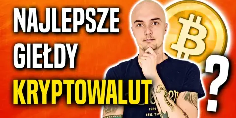 Mężczyzna zastanawia się nad najlepszymi giełdami kryptowalut. Obok symbol Bitcoina i znak zapytania.
