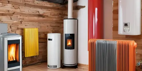 Plusieurs appareils de chauffage, dont des poêles à granulés et des radiateurs, sont alignés sur un mur en pierre. Un système de chauffage naturel pour un intérieur cosy.
