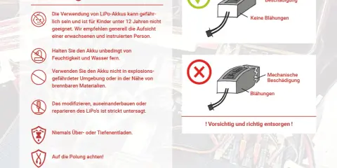 Warnhinweise zu LiPo-Akkus: keine mechanische Beschädigung, keine Blähungen, vor Feuchtigkeit schützen. Vorsicht bei kokam!