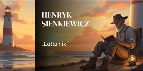 Latarnia morska na tle zachodzącego słońca, obok siedzący starszy mężczyzna czytający książkę.