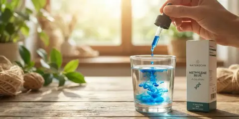 Kropla błękitu metylenowego rozpuszcza się w szklance wody, tworząc piękne, niebieskie smugi. Obok stoi pudełko z produktem.