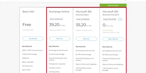Comparatif des offres email : Basic Mail gratuit, Exchange Online à 39,20 kr./mois, et Microsoft 365 à partir de 0 kr. le 1er mois.