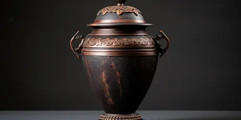 Elegancka urna z brązu, ozdobiona ornamentami, przeznaczona na prochy po kremacji.
