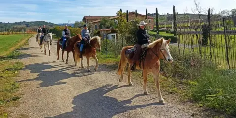 Cavalcata in un maneggio toscana, tra colline verdi e casali antichi.