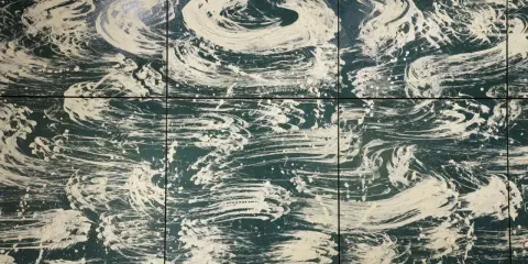 Abstract artwork by Fabienne Verdier, featuring swirling white brushstrokes and splatters on a dark green background, evoking a sense of movement and energy.