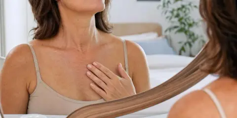 Une femme examine son décolleté dans un miroir, sa main effleurant doucement les rides.