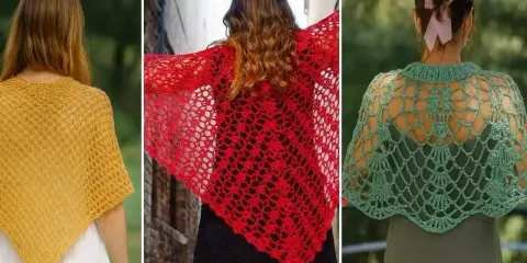 Tres ponchos a crochet rectangulares: uno amarillo, uno rojo y uno verde.