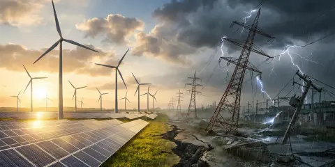 Kontrastowa wizja energetyki w Niemczech: słoneczne farmy i wiatraki po lewej, zniszczone linie energetyczne i burza po prawej.