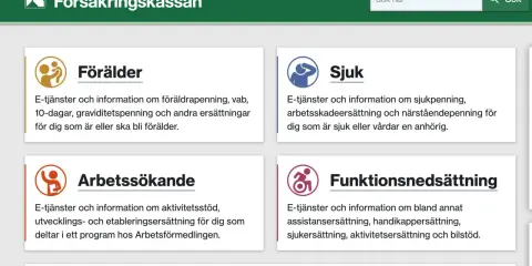 Försäkringskassan visar information om föräldrar, sjukdom och funktionsnedsättning. Graviditetspenning finns under föräldrar.