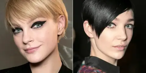 Pixie bob fryzura dla kogo? Dwie kobiety z krótkimi, nowoczesnymi fryzurami i wyrazistym makijażem oczu.
