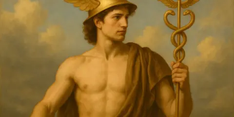 Hermes, der griechische Gott, trägt seinen geflügelten Helm und hält den Caduceus.
