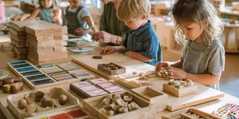 Niños concentrados en actividades de construcción y arte, siguiendo el método Steiner. Materiales didácticos de madera y colores organizados en bandejas.