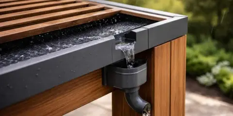 Système d'évacuation eau de pluie pergola en action, l'eau ruisselle sur le toit en bois et métal vers la gouttière.