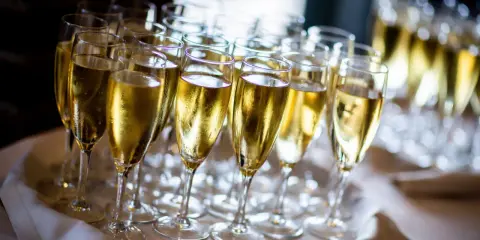 Många glas med bubbel står uppradade, redo för fest. En flaska vin ger ungefär sex glas.