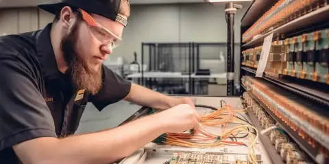 Młody technik w okularach ochronnych pracuje nad skomplikowanym systemem przewodów, rozwijając swoje umiejętności w dziedzinie mechatroniki.