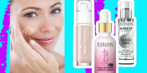 Kobieta aplikuje podkład, obok trzy produkty: najlepsza baza pod makijaż nawilżająca, baza z efektem "glass skin" i baza z kwasem hialuronowym.