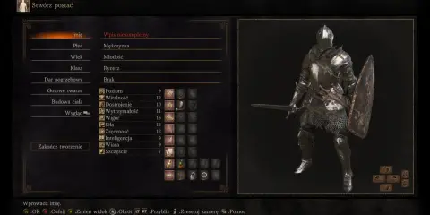 Tworzenie postaci w Dark Souls: Rycerz, męska postać z podstawowymi statystykami. Poradnik dla początkujących.