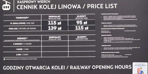 Kasprowy Wierch cennik kolejki linowej: ceny biletów normalnych i ulgowych, Skipass, godziny otwarcia.