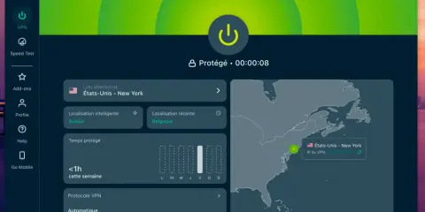 Interface VPN avec un bouton d'alimentation central, indiquant la connexion à New York. Le "kill switch" est activé, protégeant votre connexion.