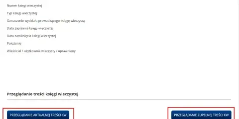 Wynik wyszukiwania księgi wieczystej: numer księgi wieczystej, typ, oznaczenie wydziału, daty, położenie, właściciel. Dostępne opcje przeglądania treści KW.