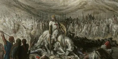 Ein Ritter auf einem weißen Pferd, umgeben von Pfeilen und gefallenen Kriegern. Seine Rüstung ist schlicht, was die spartanische Bedeutung von Einfachheit und Härte unterstreicht.