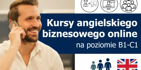 Uśmiechnięty mężczyzna rozmawia przez telefon. Obok napis "Kursy angielskiego biznesowego online" i ikony symbolizujące naukę.