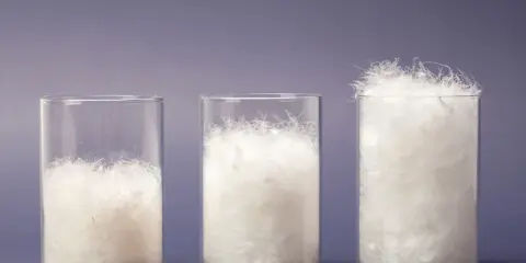 Drei Gläser zeigen die Füllkraft von Daunen. Das rechte Glas mit 600 cuin Füllkraft ist am vollsten und verspricht beste Temperaturisolierung.