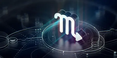 Symbol Skorpiona, który może wskazywać, jaki mam ascendent, na tle kosmicznej mapy.