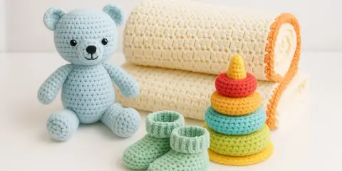 Osito azul de crochet, mantita, patucos y torre de aros de colores. Un set perfecto de crochet bebe.