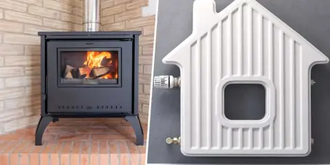 Poêle à bois et radiateur en forme de maison, symbolisant le raccordement poêle bouilleur chauffage central pour un confort optimal.