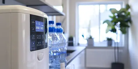 Écran d'un adoucisseur d'eau moderne, prêt pour le dimensionnement. Bouteilles d'eau en arrière-plan.