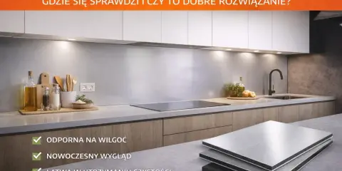Nowoczesna kuchnia z płytą dibond jako panelem ściennym. Odporna na wilgoć, łatwa w czyszczeniu.
