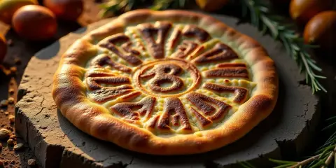 Oto pizza z napisem "Skąd pochodzi pizza", ozdobiona ziołami i jajkami.