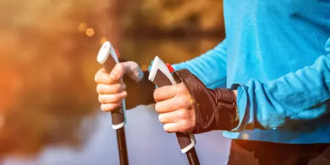 Radość z aktywnego życia po przeszczepie nerki. Dłonie trzymające kije do nordic walking na tle jesiennego krajobrazu.