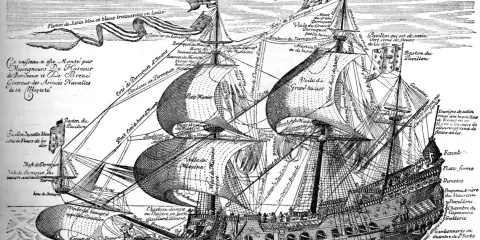 Gravure d'un majestueux bateau 17ème siècle, le "Navire Royal", avec ses voiles gonflées et ses nombreux détails annotés.