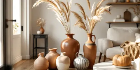 Un salon cosy avec des vases en terre cuite, dont un grand vase borghèse, ornés de graminées séchées. Une citrouille décore la table basse.