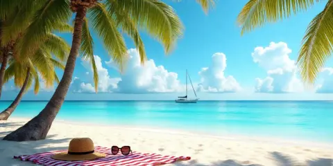 Idealne miejsce, gdzie jest ciepło w lutym: piaszczysta plaża, palmy, turkusowa woda i żaglówka na horyzoncie. Na ręczniku leżą słomkowy kapelusz i okulary przeciwsłoneczne.