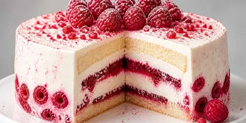 Gâteau à étages blanc et rose, garni de framboises fraîches et de poudre de framboise. Un délice fruité !