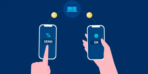 Manos intercambiando dinero digitalmente. Una pantalla muestra "SEND", la otra "OK". ¿Cuanto tarda una transferencia?