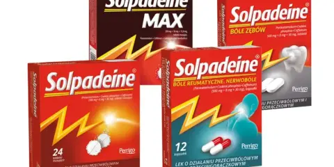 Opakowania leków Solpadeine z paracetamolem, kodeiną i kofeiną w tabletkach i kapsułkach. Pomoc w bólu zębów, reumatycznym i gorączce.