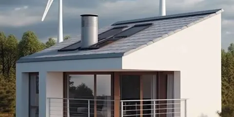 Ein modernes Einfamilienhaus mit Solarpaneelen und einer Kleinwindkraftanlage im Hintergrund, die für nachhaltige Energie sorgt.